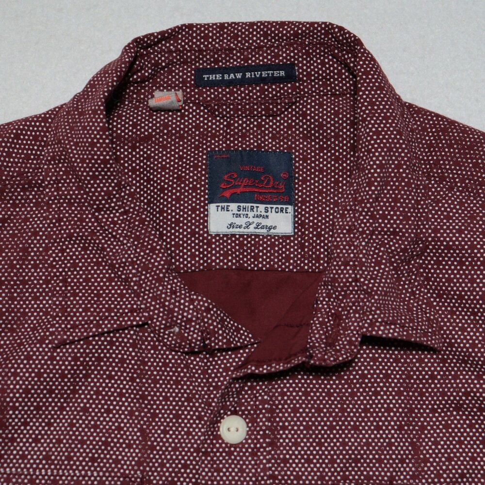 SUPERDRY Long Sleeve Button Shirt Men XL Red Geometric Dots Logo The Raw Riveter - Picture 4 of 13